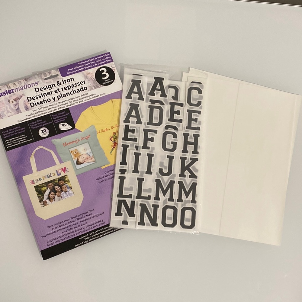 Design & Iron 2 Transfer Sheets W/ Black Iron On Letters For Clothing & Fabrics